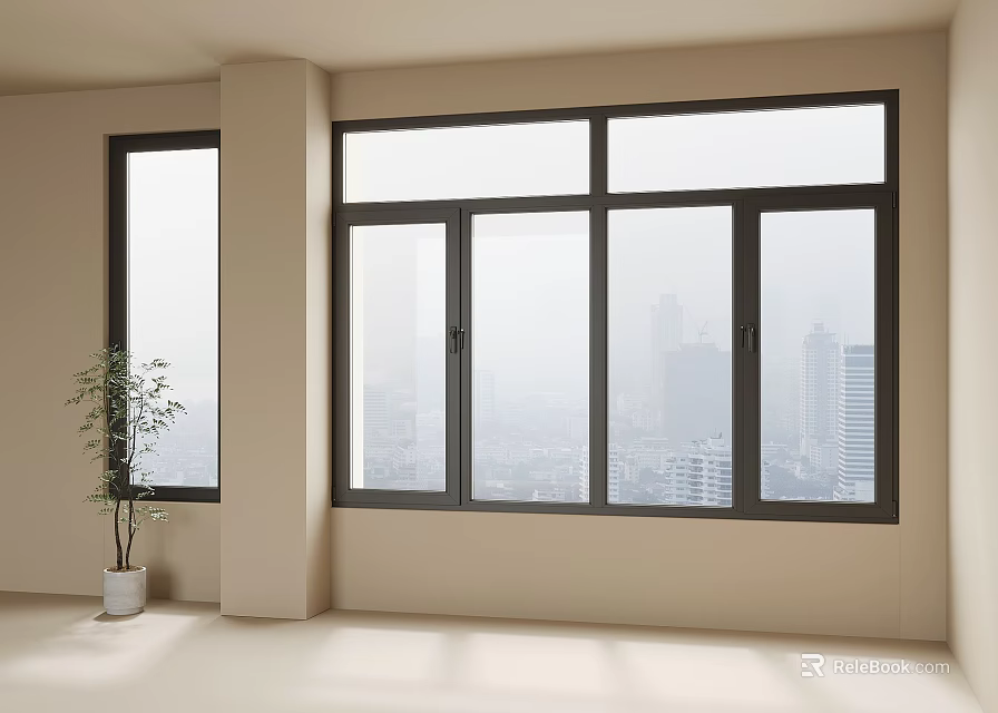 Casement Windows In Bright Room With City Skyline View And Potted Plant 3d model 