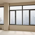 Casement Windows In Bright Room With City Skyline View And Potted Plant