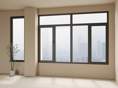 Casement Windows In Bright Room With City Skyline View And Potted Plant 3d model