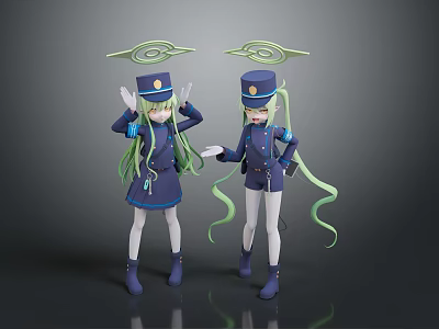 Green Haired Game Movie Characters in Navy Blue Uniforms with Hats and Halo Spiral Objects 3d model