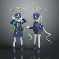 Green Haired Game Movie Characters in Navy Blue Uniforms with Hats and Halo Spiral Objects