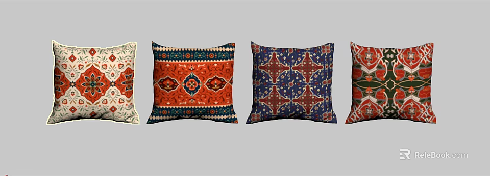 Vibrant Decorative Throw Pillows With Ethnic Patterns In Orange Blue Red 3d model