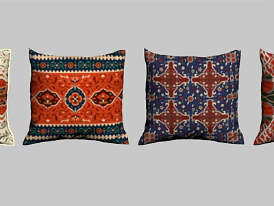 Vibrant Decorative Throw Pillows With Ethnic Patterns In Orange Blue Red 3d model