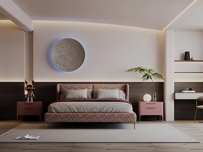 Modern Bedroom Interior With Circular Wall Decor Pink Nightstands And Green Plant 3d model
