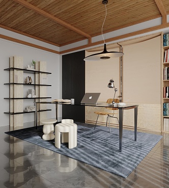 Modern Study Desk Carpet Bookcase Chandelier 3d model