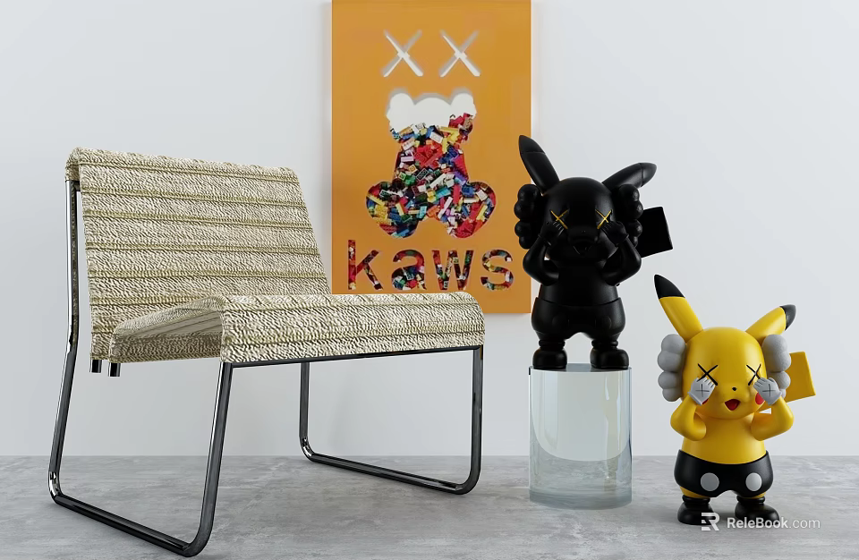 Woven Accent Chair With Metal Legs And KAWS Artwork Decorative Figurines 3d model 