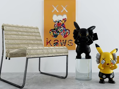 Woven Accent Chair With Metal Legs And KAWS Artwork Decorative Figurines 3d model