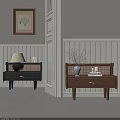 Two Tone Bedside Tables With Rattan Design And Decorative Lamp Vase In Bedroom Interior