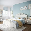 White Kids Bed With Carved Headboard In Cozy Room Light Blue Walls And Checkered Curtains