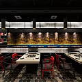 Modern Hotpot Restaurant Interior With Red Chairs Dining Tables And Decorative Wall Lighting