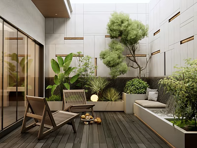 Modern Villa Balcony With Wooden Flooring Rattan Chairs Green Plants And Relaxation Area 3d model