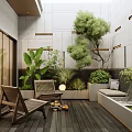 Modern Villa Balcony With Wooden Flooring Rattan Chairs Green Plants And Relaxation Area