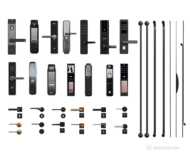 Various Modern Door Handles Featuring Metal Construction Different Styles And Lock Components 3d model 