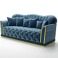 Luxurious Blue Velvet Large Sofa With Multiple Pillows And Gold Trim Tufted Design 3d model