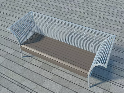 Outdoor Bench With White Metal Frame And Wooden Seat On Stone Floor 3d model