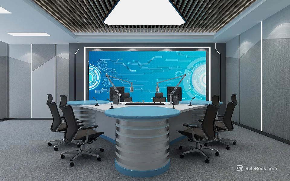 Public Office Area Featuring Round Conference Table Black Office Chairs Large Screen And Tech Graphics 3d model 