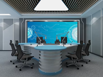 Public Office Area Featuring Round Conference Table Black Office Chairs Large Screen And Tech Graphics 3d model