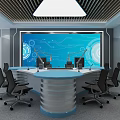 Public Office Area Featuring Round Conference Table Black Office Chairs Large Screen And Tech Graphics