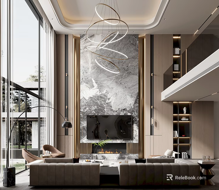 Modern Duplex Living Room Interior With Marble Feature Wall Chandelier And Large Windows 3d model 