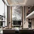 Modern Duplex Living Room Interior With Marble Feature Wall Chandelier And Large Windows