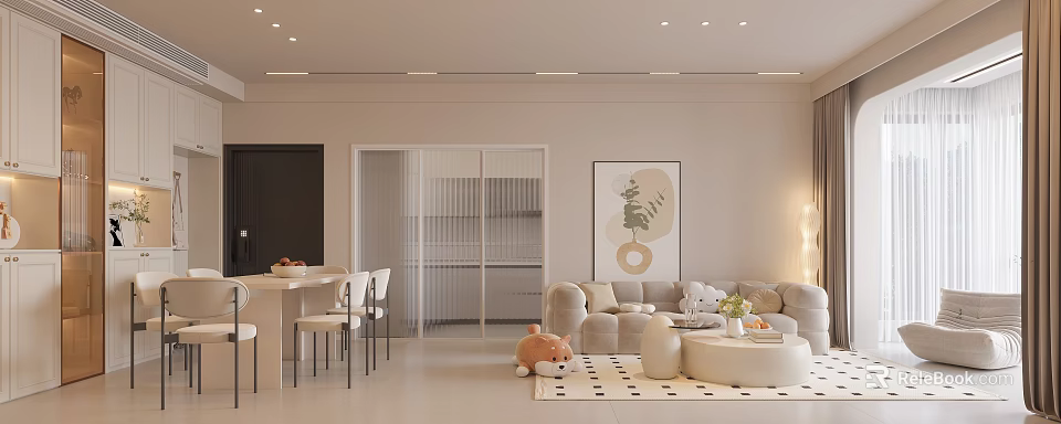 Modern Living Dining Room With Beige Sofa White Dining Table Coffee Table And Decorative Painting 3d model 