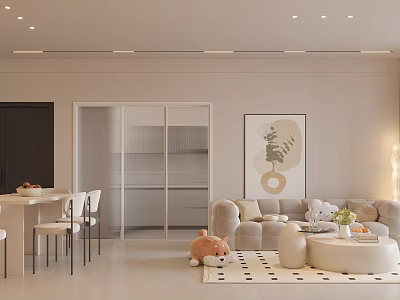 Modern Living Dining Room With Beige Sofa White Dining Table Coffee Table And Decorative Painting 3d model