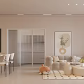 Modern Living Dining Room With Beige Sofa White Dining Table Coffee Table And Decorative Painting
