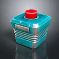 Square Shaped Blue Household Item With Red Lid Silver Stripes And Metal Plate Design
