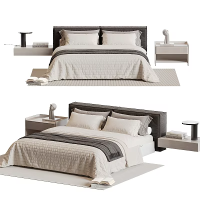 Modern Double Bed With Upholstered Headboard Neutral Bedding And Side Tables With Decor 3d model