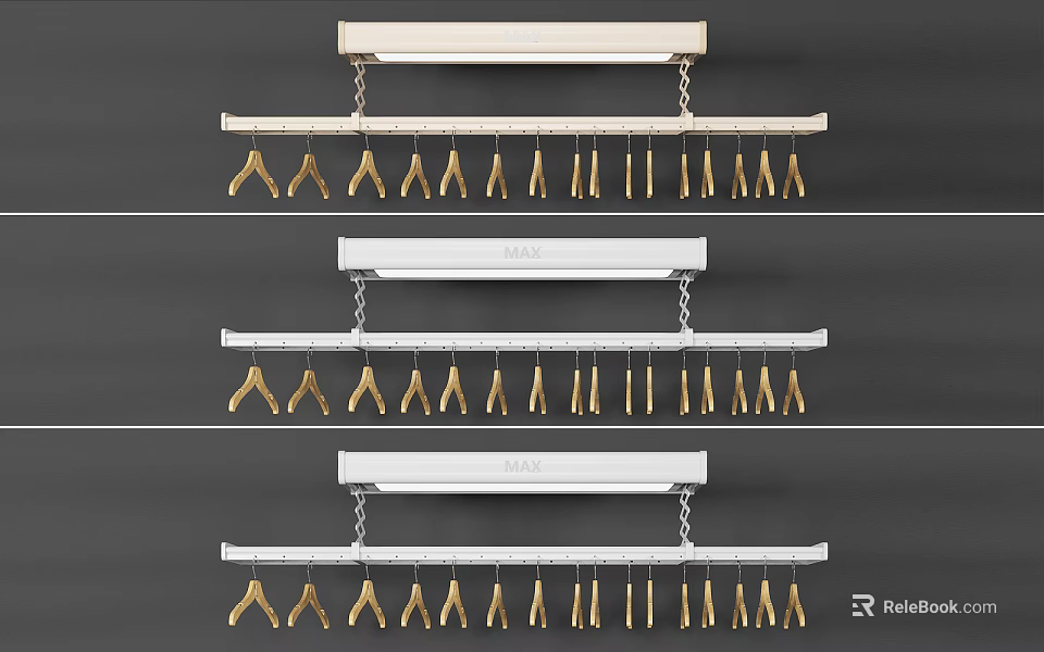 White Wall Mounted Clothes Hanger with Golden Clothespins and Retractable Drying Bar 3d model 