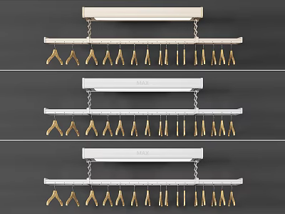 White Wall Mounted Clothes Hanger with Golden Clothespins and Retractable Drying Bar 3d model