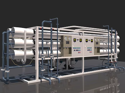 Industrial Reverse Osmosis Water Treatment Equipment System With Control Panel And Pipes 3d model