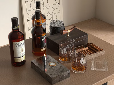 Premium Whiskey Bottles with Cigars and Gourmet Food Snacks on Wooden Table 3d model
