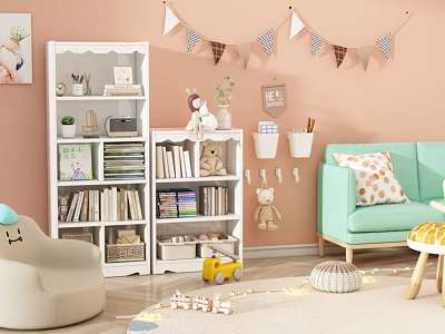 White Bookshelves In Kids Room With Books Toys Green Plants Storage Baskets And Bunting Flags 3d model
