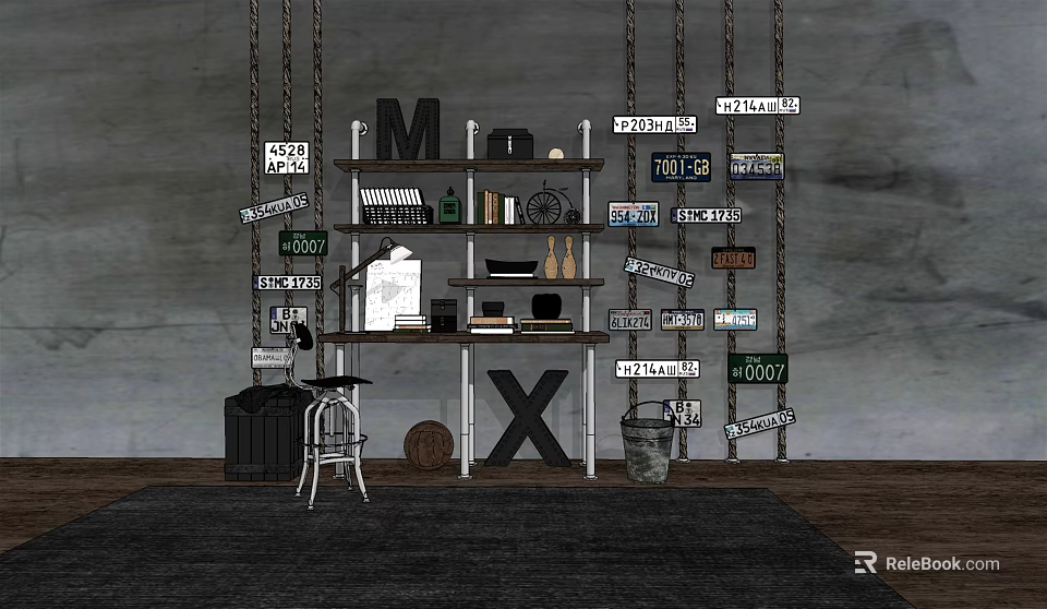 Industrial Style Desk With Shelves Vintage Signs Chains Books And Decor 3d model 