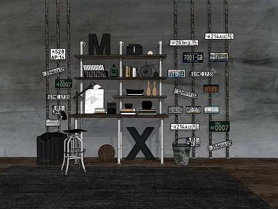 Industrial Style Desk With Shelves Vintage Signs Chains Books And Decor 3d model