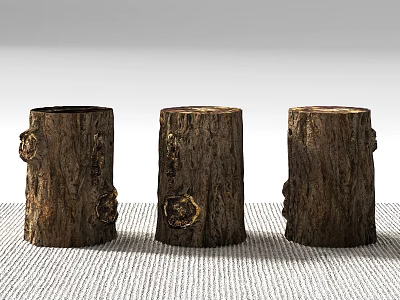 Natural Wood Tree Stump Shaped Stools With Knots On Woven Mat 3d model