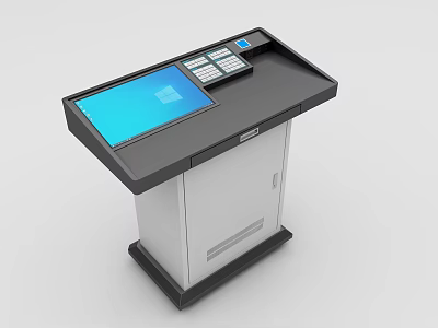 Functional Office Desk With Blue Touchscreen Digital Control Panel Black Tabletop White Cabinet Base 3d model