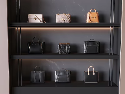 Luxury Handbags Display On Three Tiered Shelves With Illuminated Modern Interior 3d model
