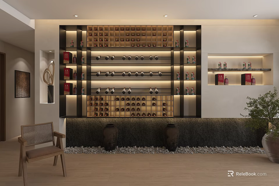 Modern Elegant Wine Cabinet With LED Lighting Multiple Wine Bottles Stone Decor And Wooden Barrels 3d model 