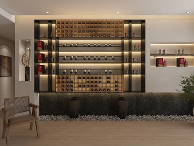 Modern Elegant Wine Cabinet With LED Lighting Multiple Wine Bottles Stone Decor And Wooden Barrels 3d model