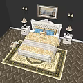 Double Bed With Ornate White Headboard Blue Pillows Gold Bedspread Nightstands Lamps And Decorative Rug