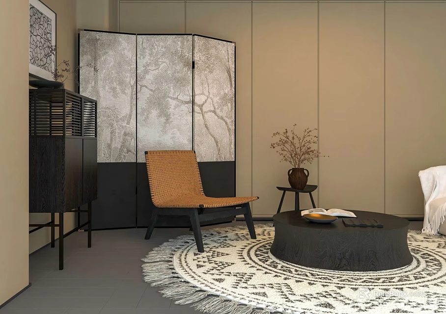 Minimalist Living Room Interior With Tree Pattern Wooden Screen Rattan Chair Round Coffee Table 3d model 
