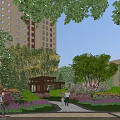Tranquil Residential Landscape With Tall Buildings Trees Flowers Gazebo Pathway And People Walking