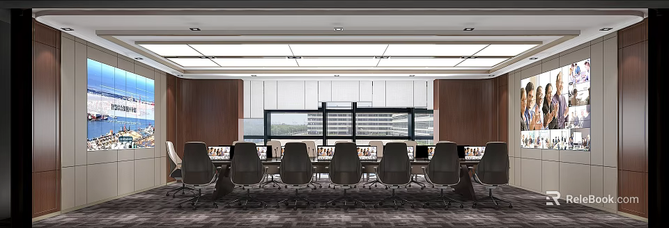 Modern Conference Room Interior with Long Table Multiple Chairs Computer Monitors Large Windows Wooden Walls 3d model 