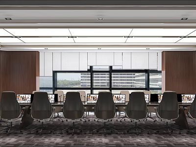 Modern Conference Room Interior with Long Table Multiple Chairs Computer Monitors Large Windows Wooden Walls 3d model