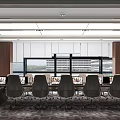 Modern Conference Room Interior with Long Table Multiple Chairs Computer Monitors Large Windows Wooden Walls