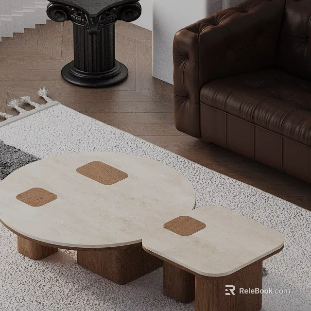 Modern Brown Leather Sofa Coffee Table Combination With Unique Light Colored Tabletop And Wooden Legs 3d model 