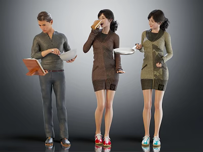 Group of People Holding Plates Notebook and Drinking Coffee in Casual Outfits 3d model