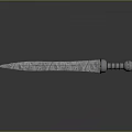 Ancient Textured Sword With Silver Decorated Hilt On Smooth Black Surface Showing Reflection